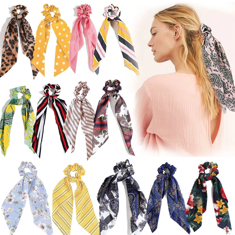 

Fashion Hair Accessories Long Scarf Ribbons Scrunchie For Women Bow Tie Elastic Ponytail Holder Girl Hair Bands Accesorios Mujer