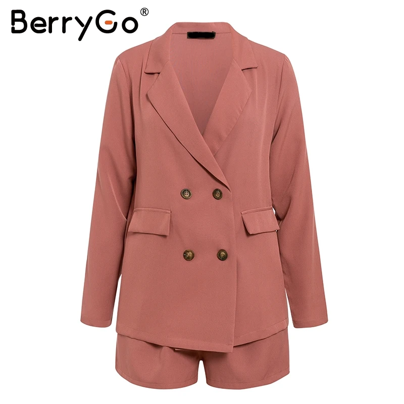 BerryGo элегантный офисный Женский блейзер из двух предметов, костюмы, повседневный уличная Блейзер, комплекты с пуговицами и карманами, пояс с поясом, Женский костюм с шортами