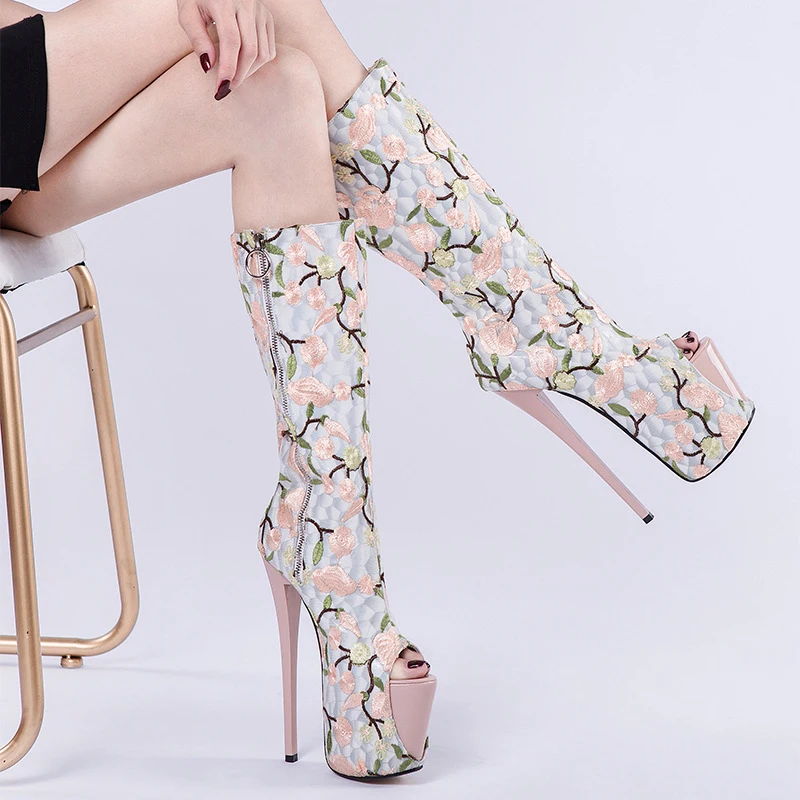 

19CM Flower Embroidery Short Boots Peep toe Pole dance shoes Nightclub stripper heels Stage Sexy Party Models Show Platform