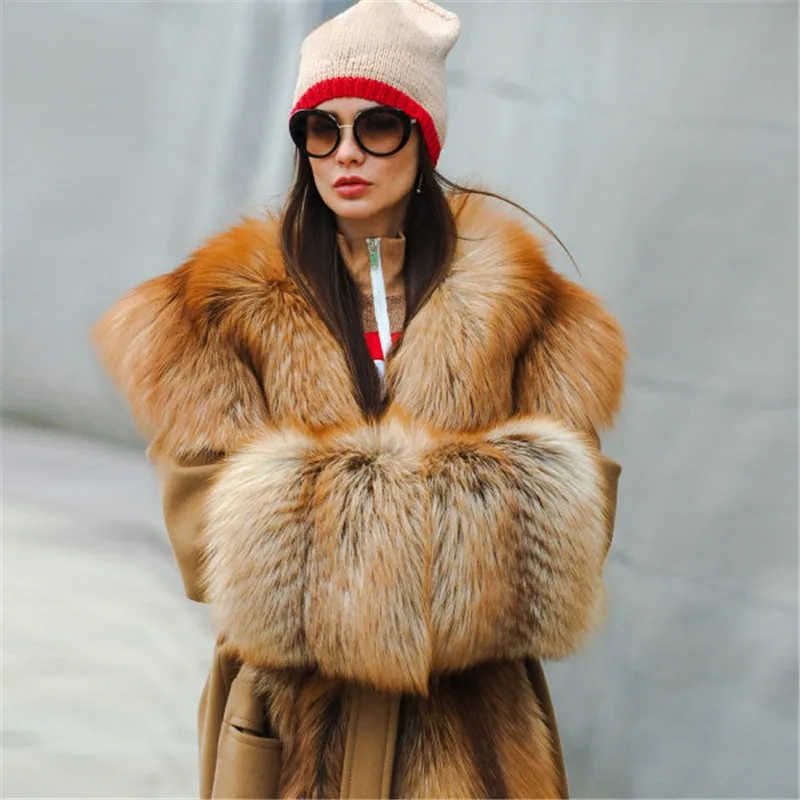 

Fashion Long Wool Blends Coat With Long Fox Fur Collar Natural Fur Overcoats Trendy Winter Women Cashmere Coats Fox Fur Outwear