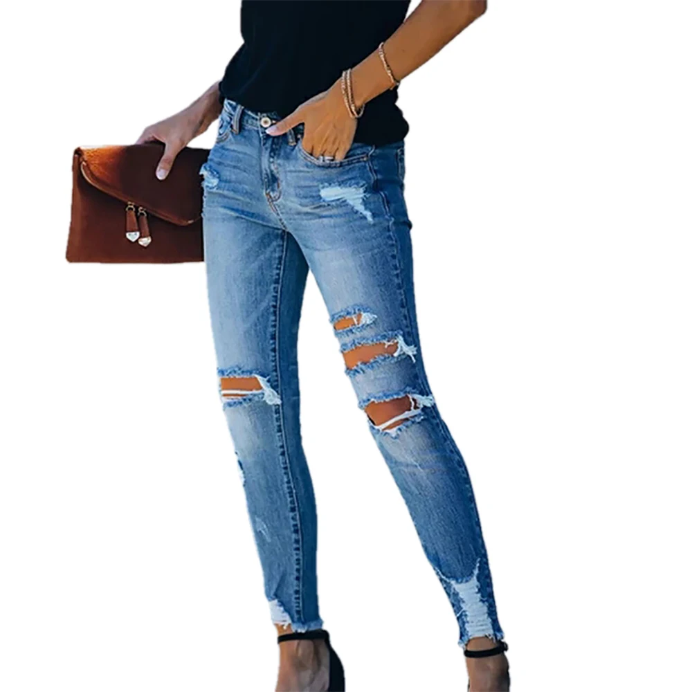 

Женские рваные джинсы с большими дырками, длинные брюки со средней талией, потертые повседневные уличные джинсы, весна-лето 2021