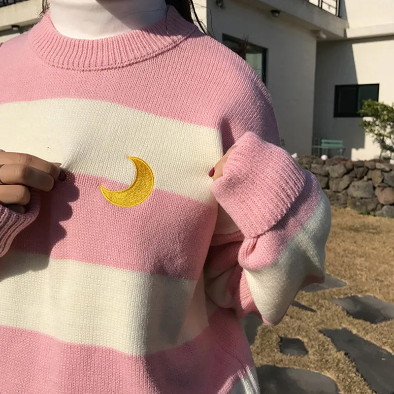 Полосатый вязаный свитер с вышивкой в стиле пэчворк Луной женский длинным