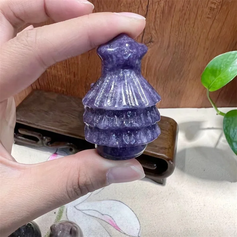 

Natural Lepidolite Stone Carved Crystal Christmas Tree Quartz Healing Crystals Feng Shui Christmas Decoration Luck Art Gifts