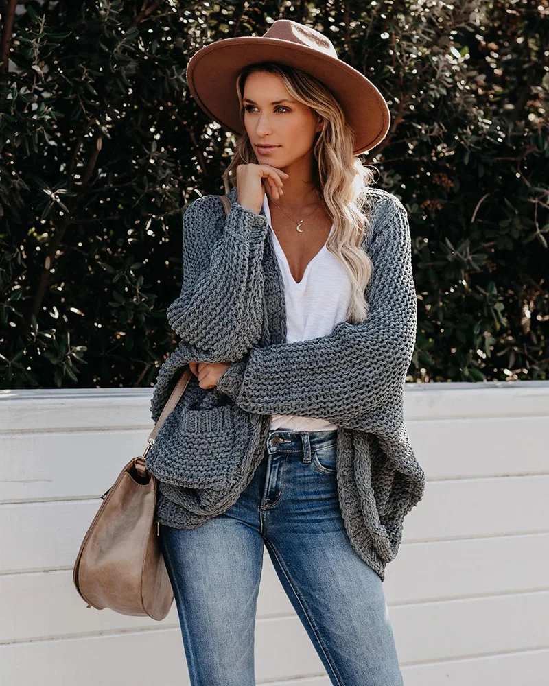 TEELYNN размера плюс Свободный вязаный кардиган для женщин пальто свободного покроя