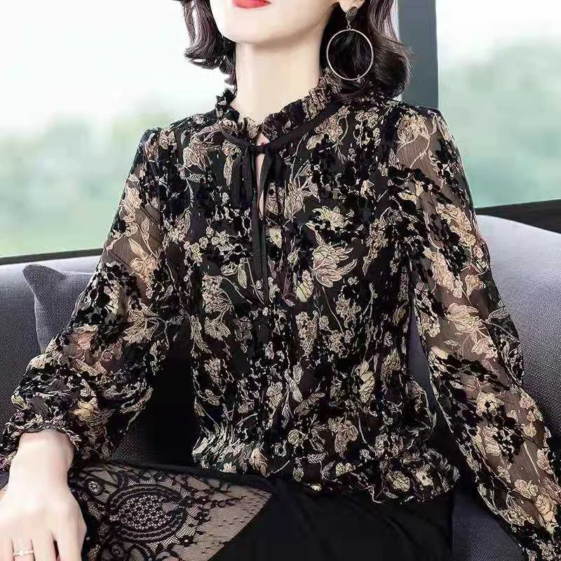 

2021 Women Spring Summer Style Chiffon Blouses Shirts Lady Casual Stand Collor Long Lantern Sleeve Flower Printed Blusas Tops