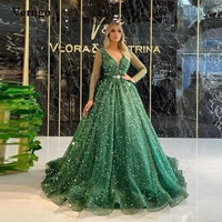 verngo luxury emerald green beads evening dresses long sleeves v neck dubai women sparkly formal prom dress exquisite 2022