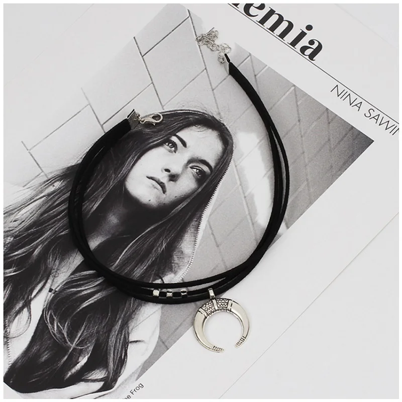 Ожерелье чокер трехслойный черный ремень из искусственной кожи с подвеской в