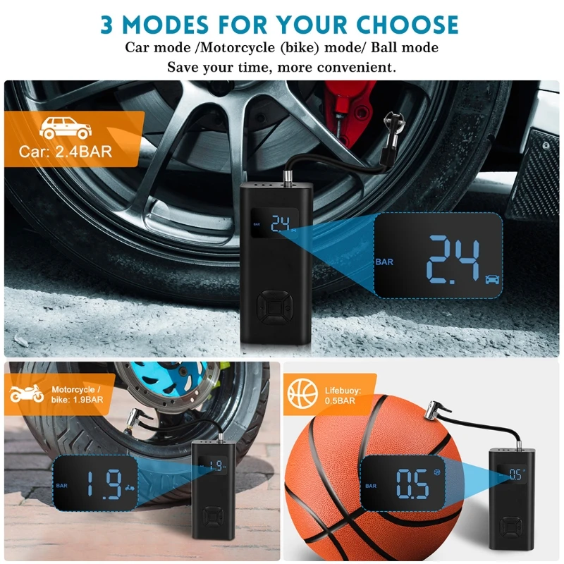 

Wireless Air Compressor for Basketball Car Tire Inflator 6500mAh Portable Electric Pump Inflator