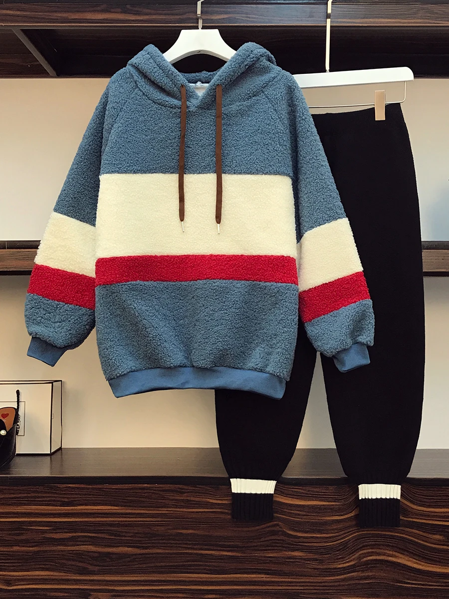 

Women's Suits 2020 Autumn Winter Lamb Wool Sweatshirts And Long Pants Fleece Thickened Hooded Pullovers Wool Pant 2 Piece Sets