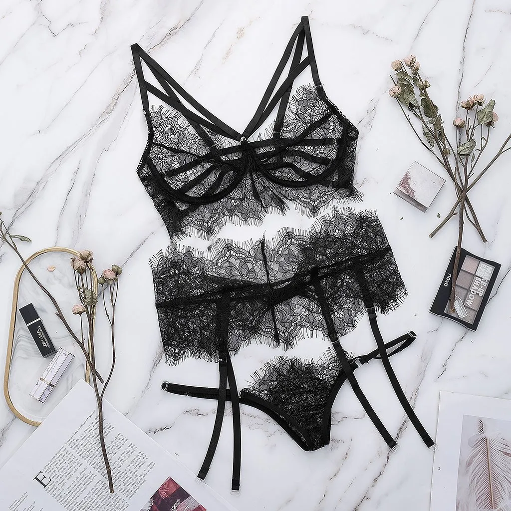 Кружевное пижамы пикантное нижнее белье с ресницами комплект бюстгальтером