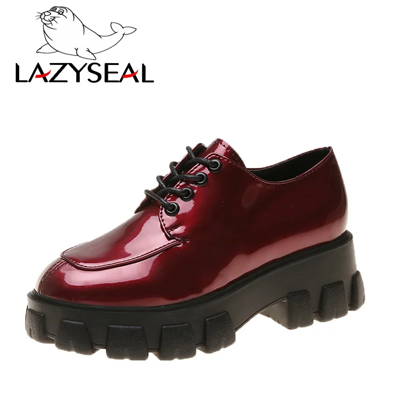 LazySeal обувь из лакированной кожи на платформе; женская обувь на шнуровке; обувь с круглым носком на толстой подошве; повседневная женская обувь; zapatos mujer - Цвет: Red