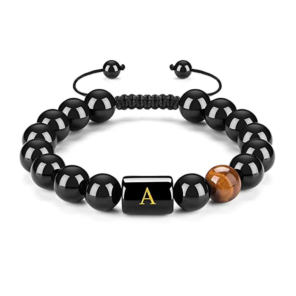 

10mm Black Natural Stone 26 Letter Bangle Adjustable Bead Bracelets Chain Fashion Accessories Men Women Hand Jewelry Lover Gift