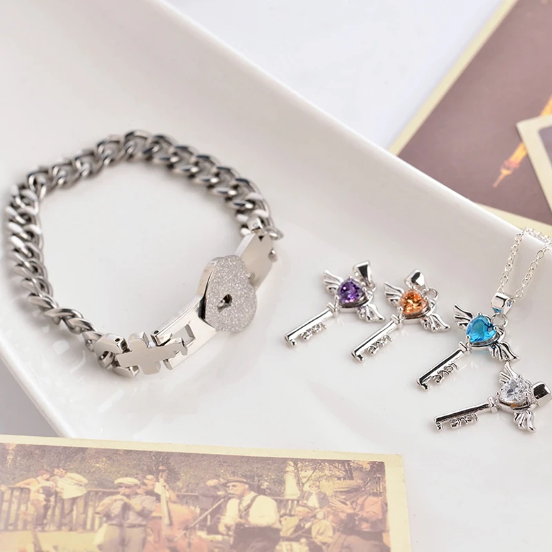 

2Pcs Love Heart Key Lock Macthing Bracelet Pendant Necklace Lover Jewelry Set KX4C