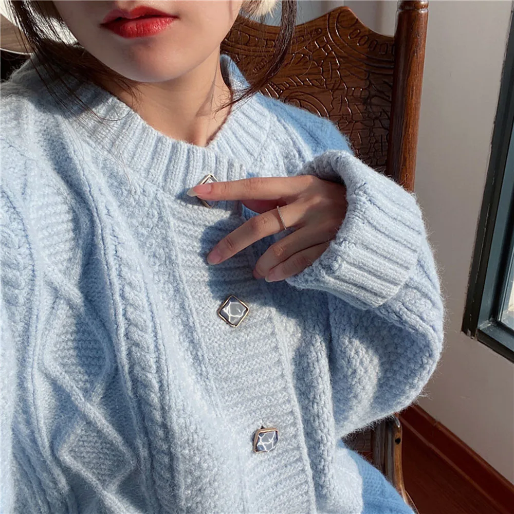 

Sweater Women Knitted Cardigan 2021 Autumn Tops Sweet Loose Solid Color Sweet Elegant Button Thin Patchwork Fall Winter