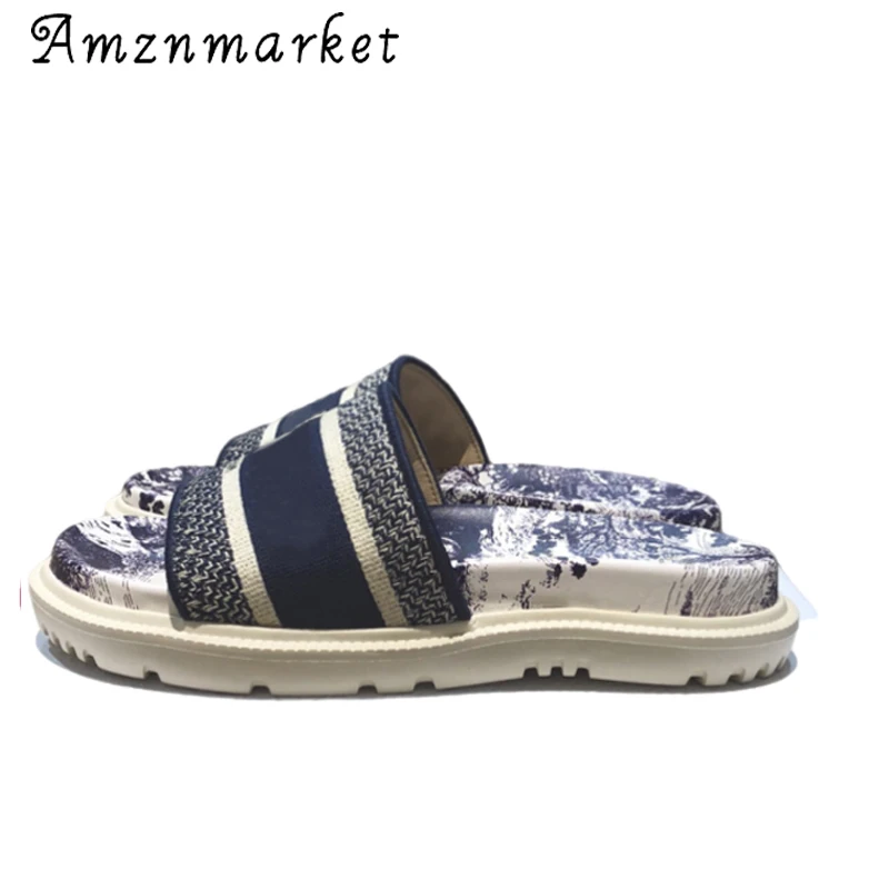 

Summer Fashion Women's Sandals 2021 Letter Embroided Jacquard Splice Platform Casual Female Flats Loafers Sandals Slippers Shoes