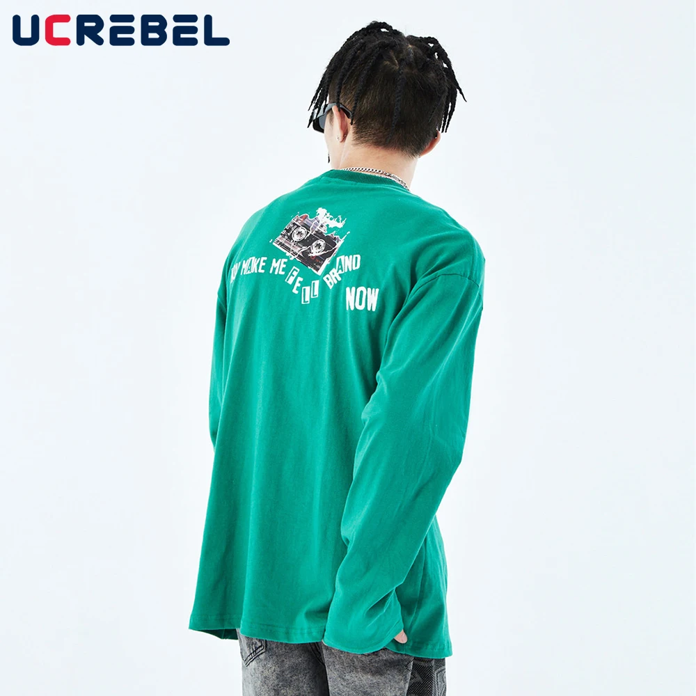 

Heart Portrait Print Long Sleeve T-shirt Mens Autumn Casual Crew Neck Cotton Tee Streetwear Loose Tshirt Men