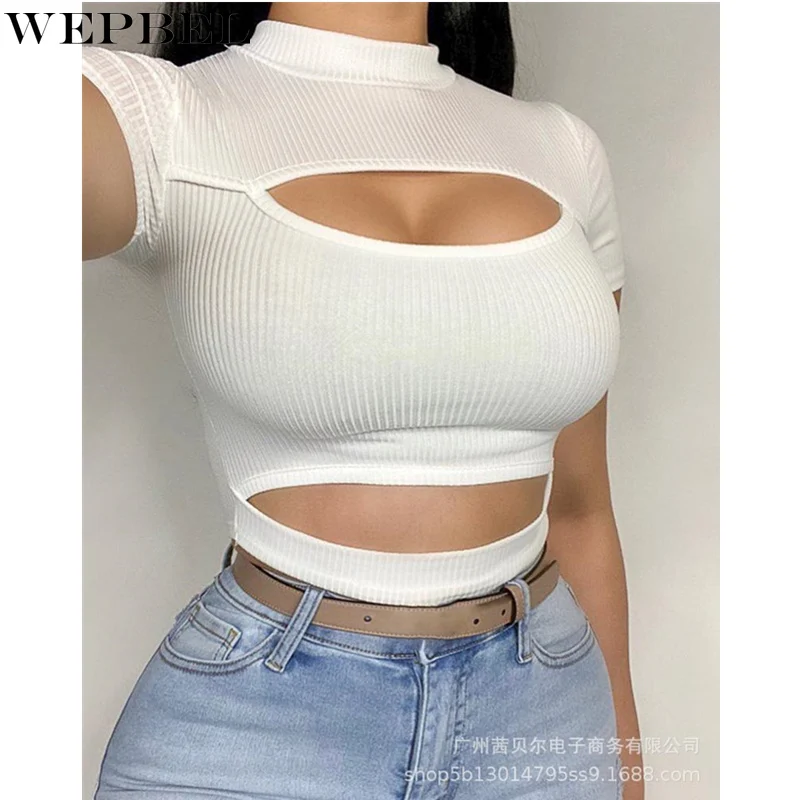 

WEPBEL Women's Hollow Out Shirt Crop Top Ladies New Fashion Short Sleeve O Neck Slim Fit T-shirt