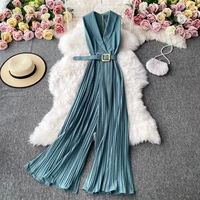 french retro professional ol suit collar jumpsuit women overalls fashion flared lady jumpsuits solid sleeveless rompers belt