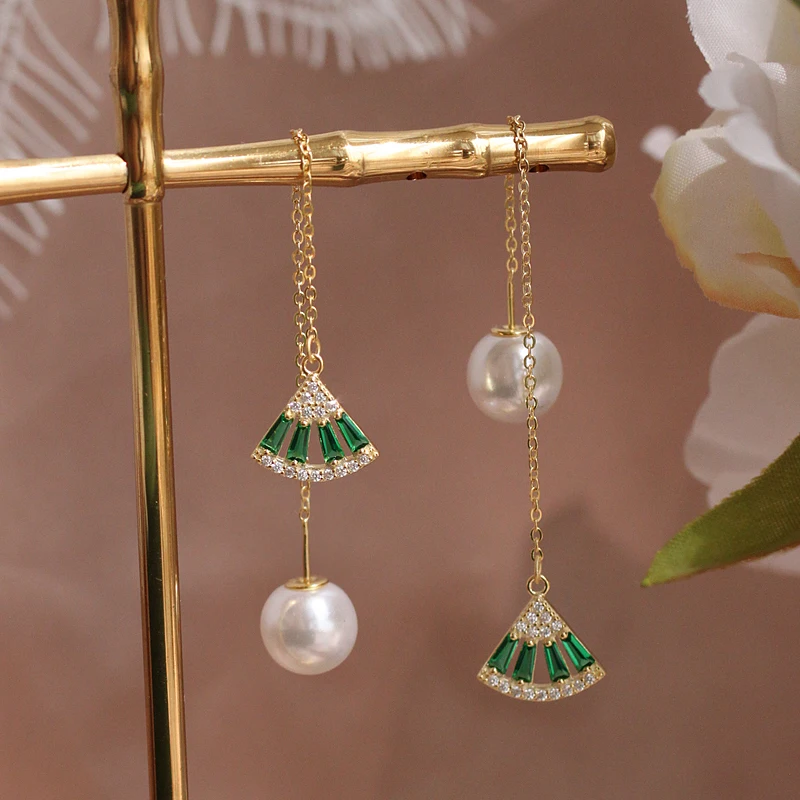 Женские серьги подвески в виде веера из серебра 925 пробы с жемчужным и зеленым