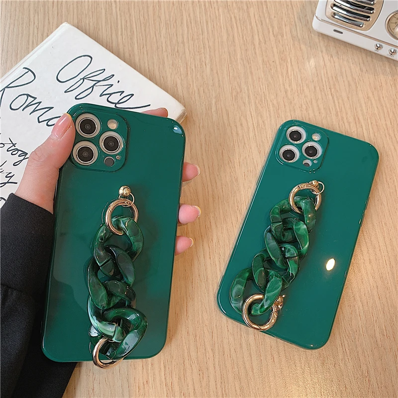 

Luxury Marble Chain Bracelet Wristband Emerald Green Phone Case For iPhone 12 11 Promax Mini XR XS Max X 10 SE20 7 8Plus Funda