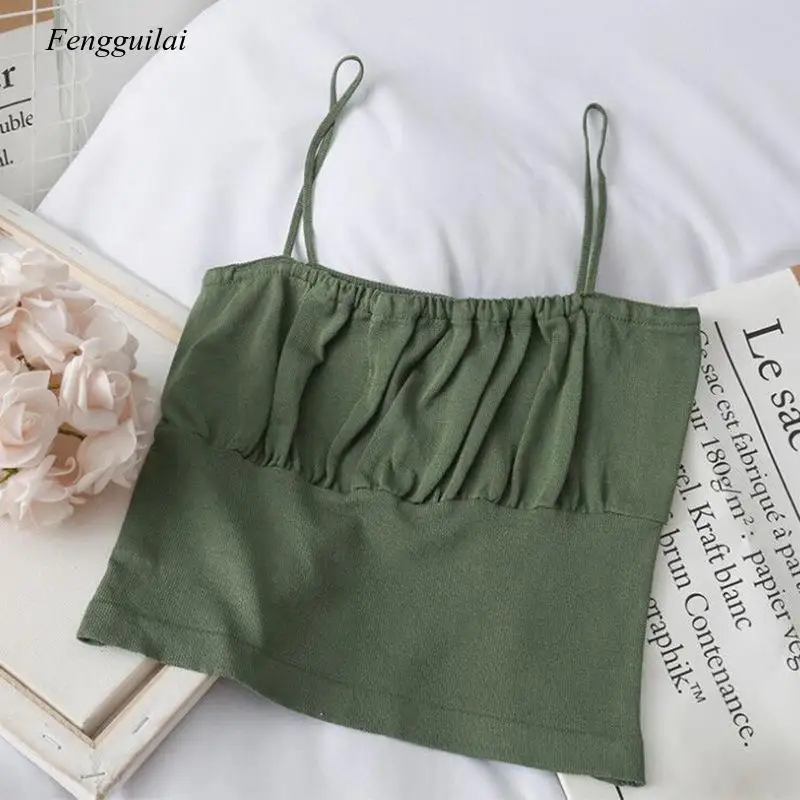 

Summer Women's New Elegant Short One Line Collar Pleated Bra Knitted Solid Color Suspender Vest Top