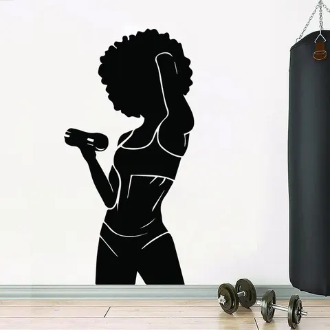 Тренажерный зал логотип афро девушка Мощность Фитнес стены Стикеры тренировки мотивация блины для кроссфита виниловые интерьерные Арт Декор стены обои настенные S197