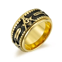 hot sale golden black color stainless steel masonic steampunk mens rings freemasonry rotate gothic accessories cool punk gifts