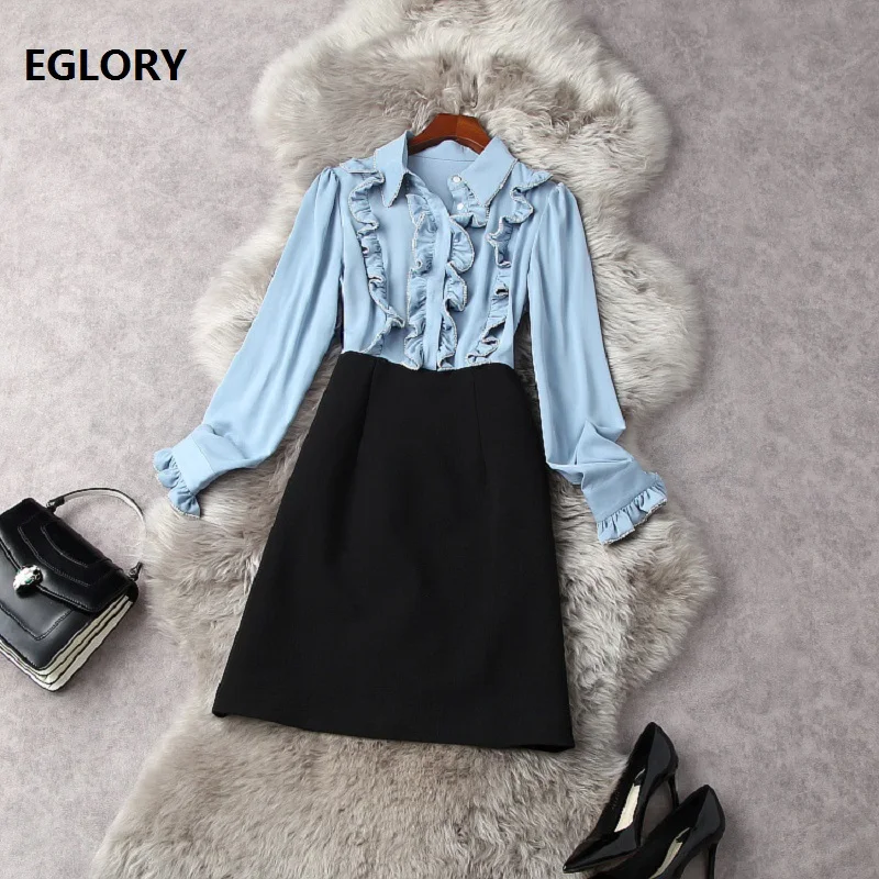 

One Piece Dress 2021 Spring Summer Runway Style Ladies Turn-down Collar Ruffle Deco Long Sleeve White Blue Color Block Dress