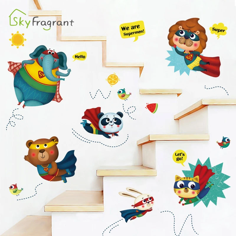 

Cartoon animals wall sticker boys bedroom decor cute supermen stickers self-adhesive kids room decoration creative home decor