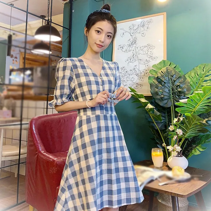

2021 Summer Women V-Neck Long Plaid Sweet Skirt Single Breasted Puff Sleeve Plaid Temperament Dress Retro Port Style Blue&White