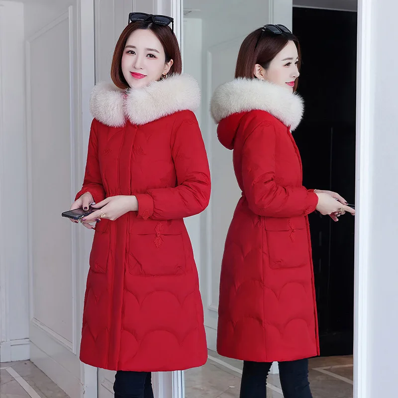 Women Winter Elegant Long Jacket Thick Warm Parkas Ladies Fur Collar Hooded Cotton Coat Female Stylish Outerwear Brand Clothing