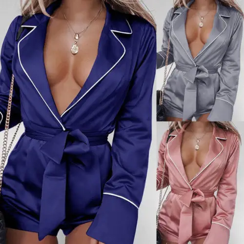 Женская сексуальная пижама с v образным вырезом однотонная шелковая атласная