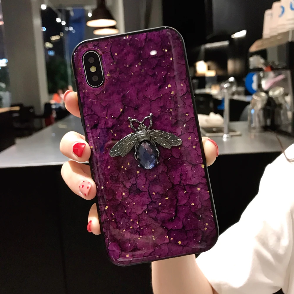 Блестящий Золотой чехол с мраморной и алмазной 3D Пчелой для iphone 12 pro max 7 8 6 6s plus x xs xr