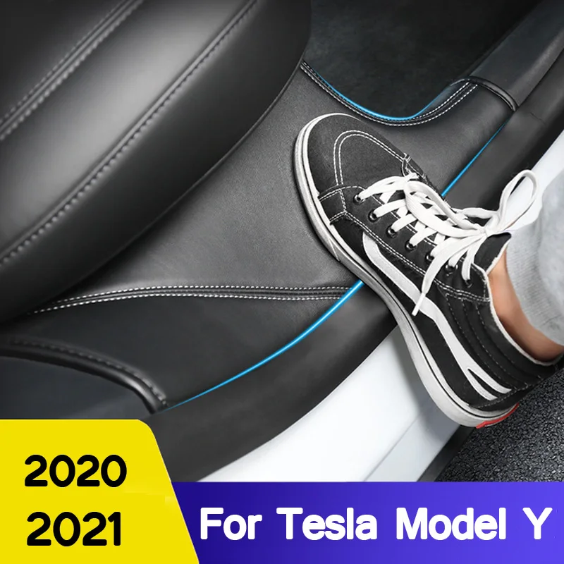 

2021 New for Tesla Model Y Car Leather Rear Door Sill Protective Anti Kick Pad Hidden Protection 2pcs/set Easy To Install