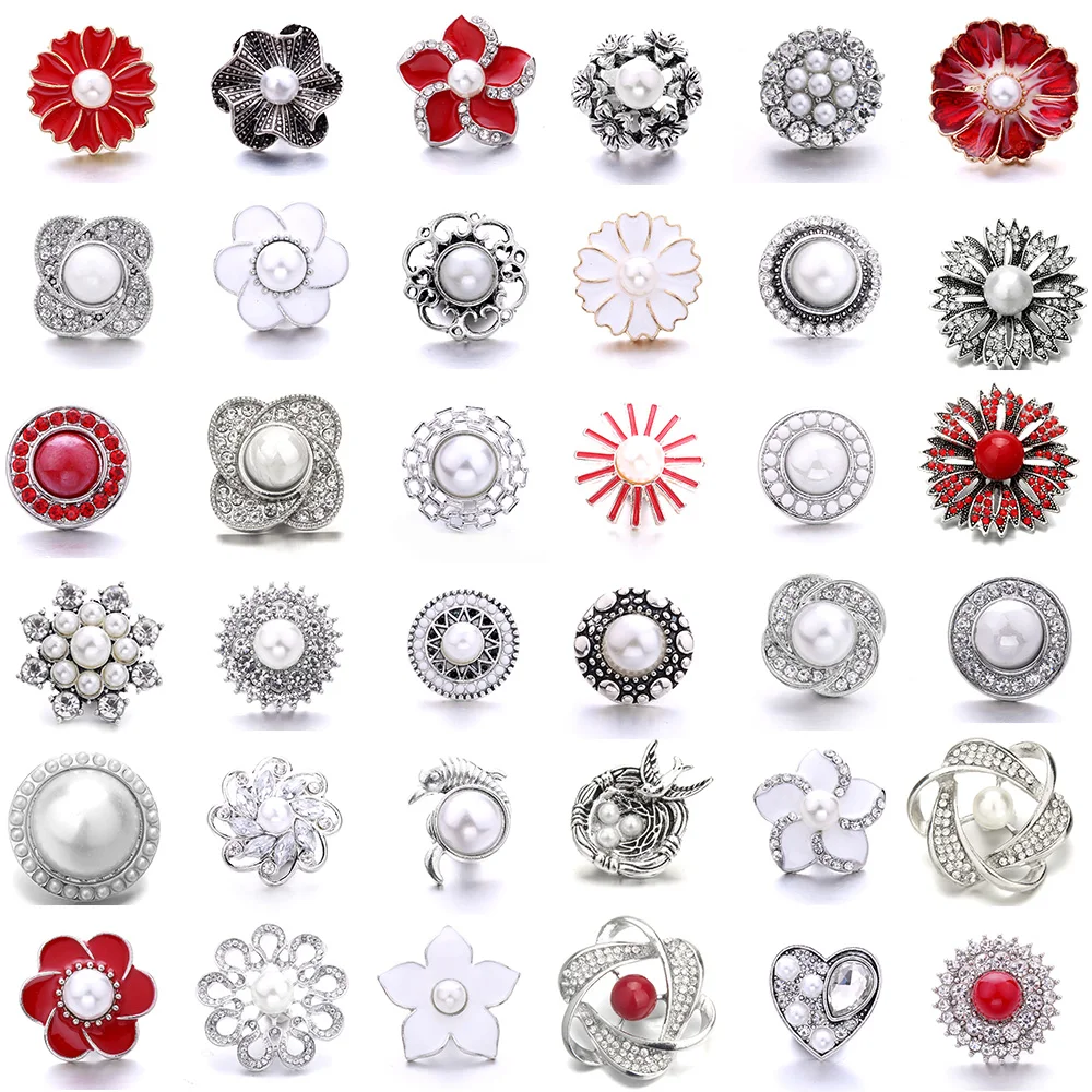 

New 5pcs/lot Red White Snap Jewelry Fashion Crystal Pearl Flower 18mm Snap Buttons Jewelry Fit 18mm 18mm Snap Button Bracelet