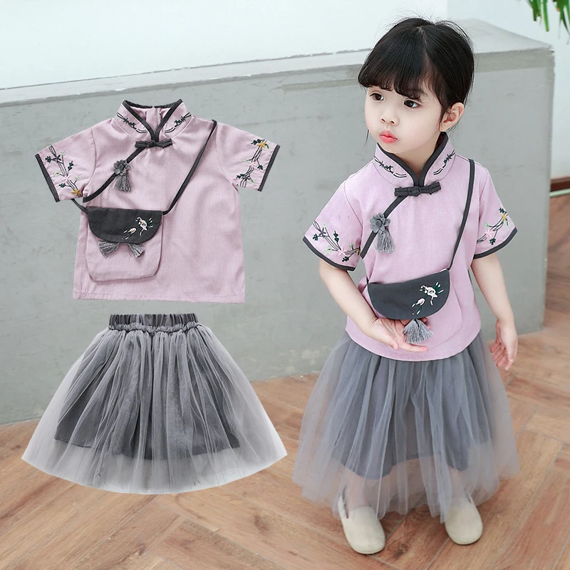 Костюм Hanfu для девочек из хлопка и льна юбка одежда детей китайская детская |