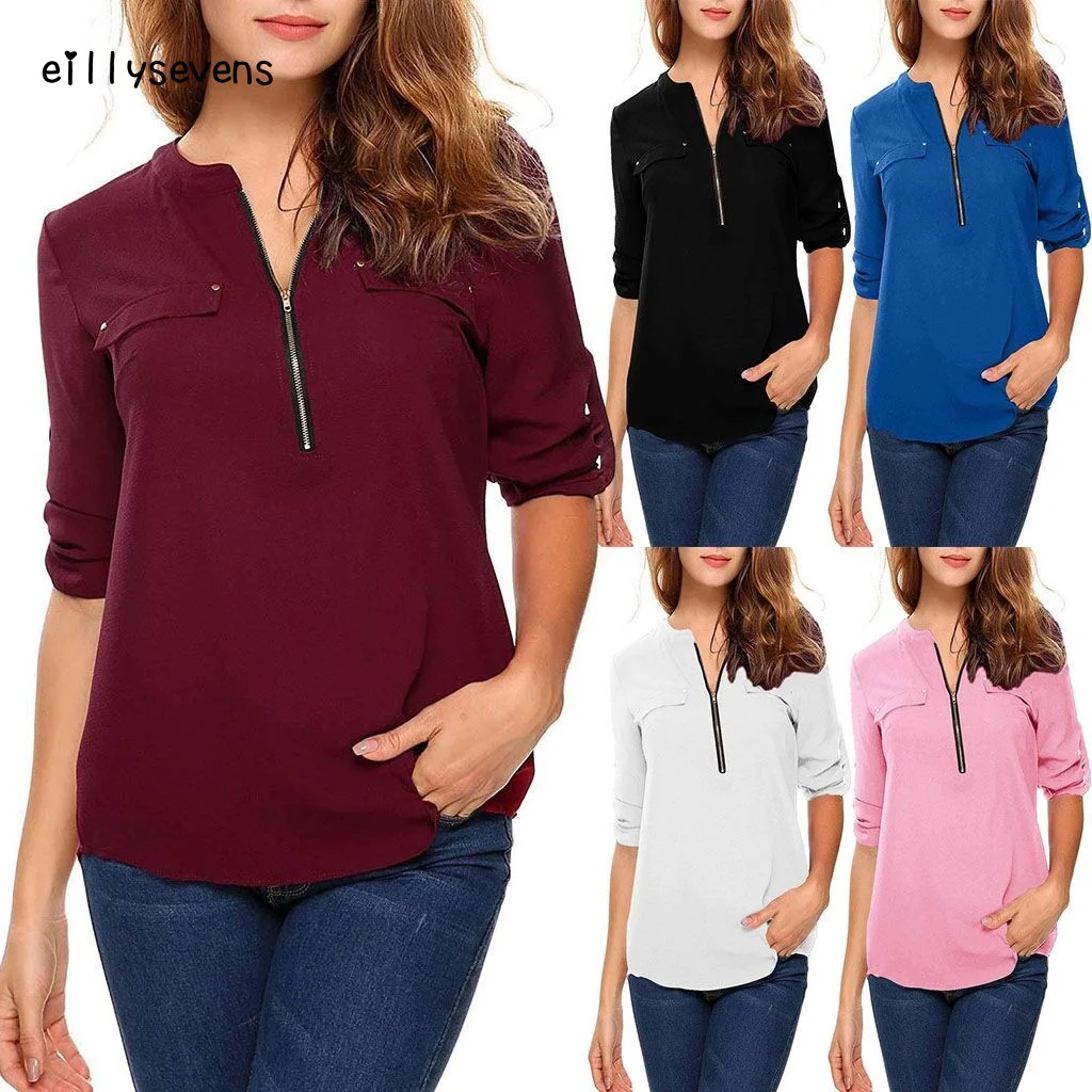 

Женская блузка с v-образным вырезом, на молнии, с длинными рукавами, свободная рубашка Piyamas, женская шифоновая блузка, топ Blusa Feminina размера плю...