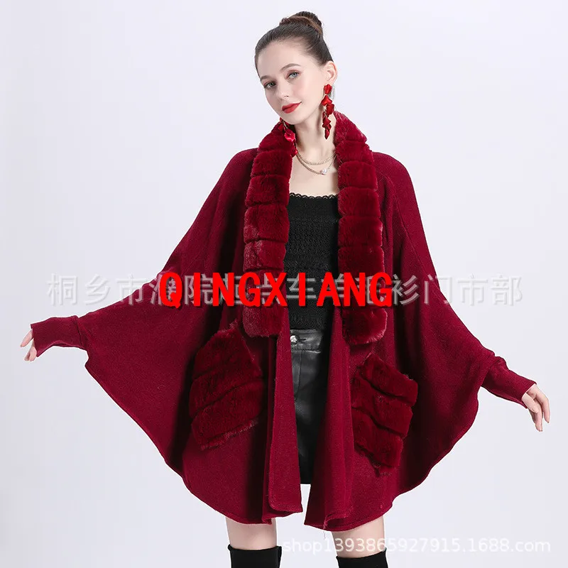 

2021 Women Big Pendulum Cloak Female Long Batwing Sleeves Cape Outstreet Wear Winter Faux Rabbit Fur Cardigan Coat With Pocket