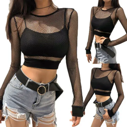 

Women Sexy See Through Fishnet Shirt Ladies Long Sleeve O-neck Tranparent Blouse Female Black Mesh Streetwear Shirts