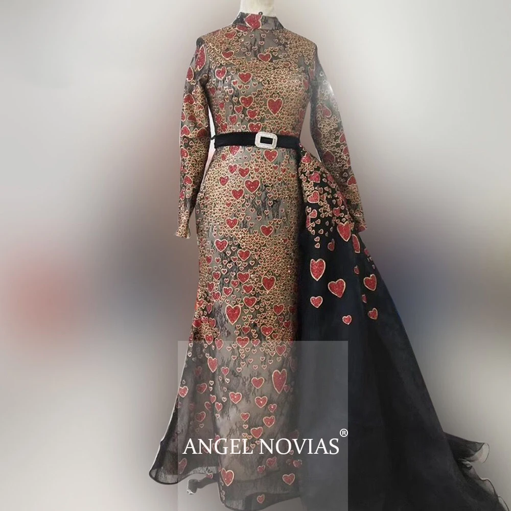 

Long Sleeves High Neck Muslim Evening Dress 2020 Elegant Lace Caftan Arabic Black Evening Party Dresses with Detachable Skirt