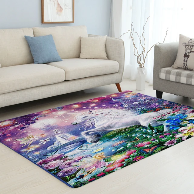 BlessLiving Unicorn Large Carpets for Living Room Cartoon Floor Mat Watercolor Print Area Rug 152x244cm Colorful Flower Tapete 2