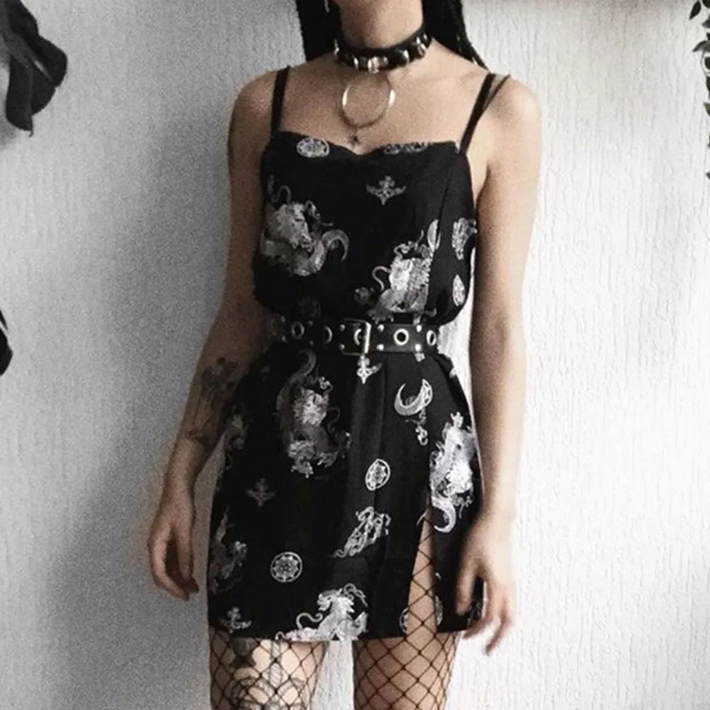 Summer Gothic Dress Women Spaghetti Strap Darkness Dragon Print Short Dresses Sexy Split Casual Backless Vestidos Goth Girl |