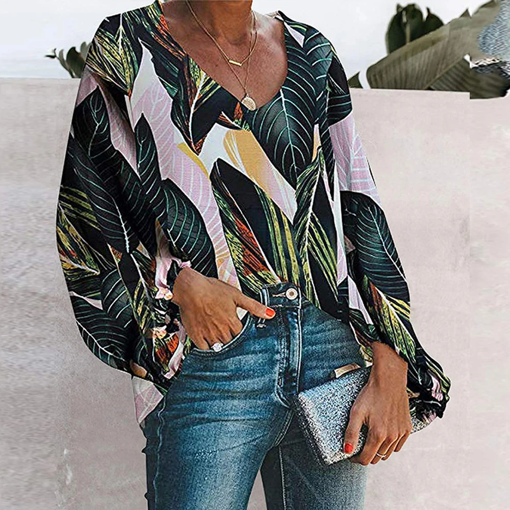 European and American women's 2019 new autumn long-sleeved printed women's shirt casual deep V-neck loose tops and blouses