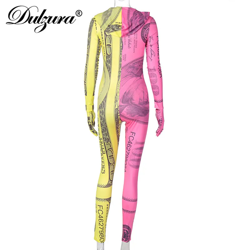 

Dulzura Dollar Print Women Long Sleeve Hoodie Jumpsuit Zipper V Beck Bodycon Sexy Streetwear 2020 Autumn Winter Romper Sporty
