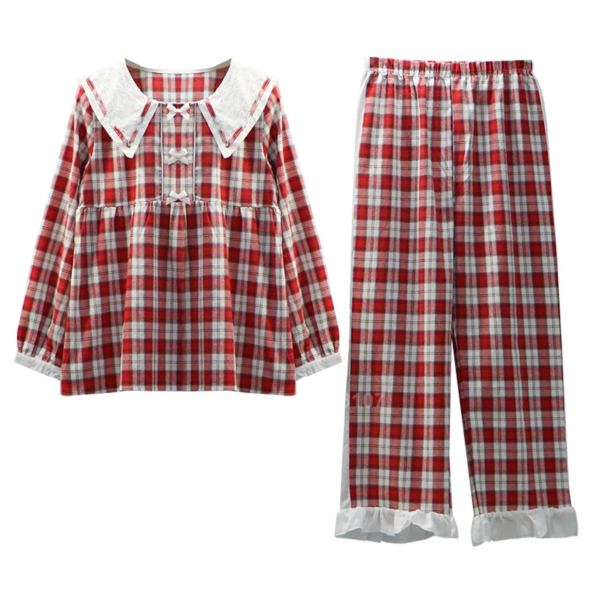 Комплект пижамный Женский кружевной в клетку с воротником Питера Пэна костюм