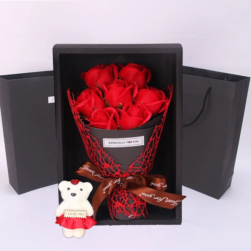 

QWOK Best Valentine's Day Gift 7 Soap Rose Flower Gift Box Bouquet Stuffed Bear Wife Present for Birthday Party Anniversary