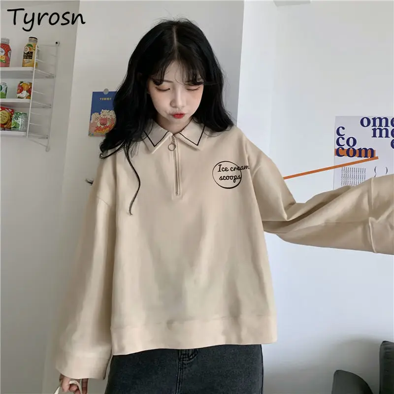 

Women Long Sleeve T-shirts Turn-down Collar Print Japan Style Harajuku Streetwear Loose Leisure Chic Retro Students Lovely Daily