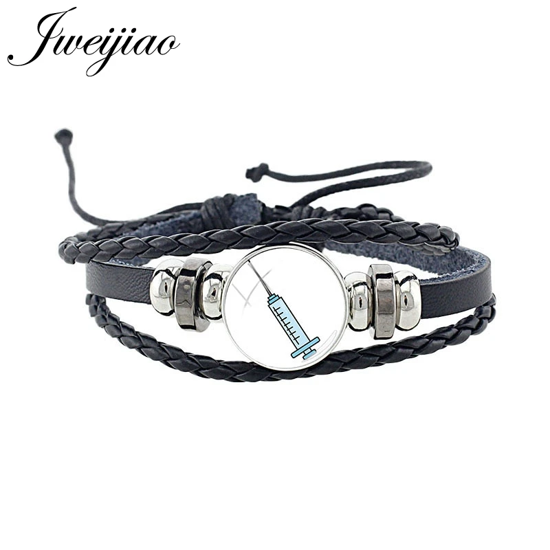 

JWEIJIAO Nurse Syringe Picture Black Leather Fashion Bangles Handmade 18MM Round Glass Metal Snap Button Bracelet Jewelry NT293