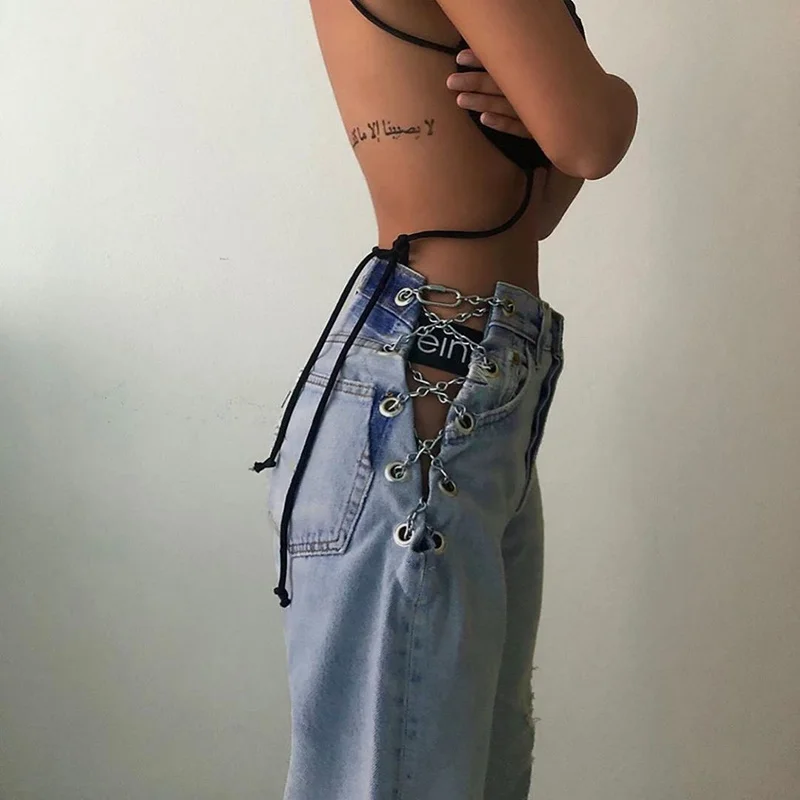 

Chains Lace Up High Waist Woman Jeans Casual Straight Denim Pants High Street Blue Skinny Long Trousers n Pocket