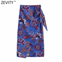 zevity women vintage totem floral print bow tied sarong skirt faldas mujer female chic summer slim wrapped midi vestidos qun829